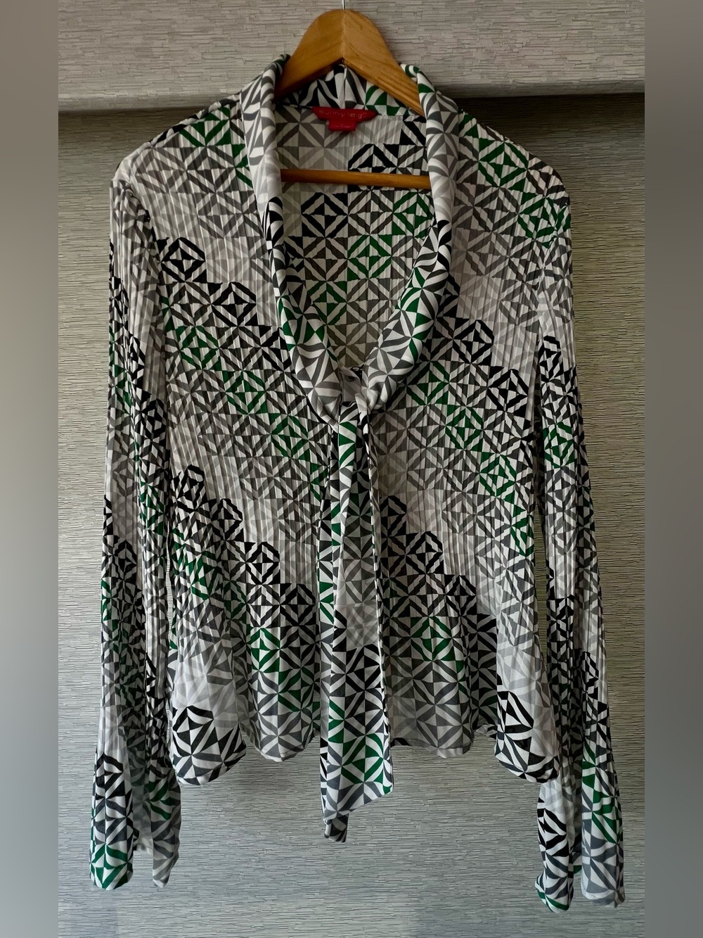Sunny Leigh Blouse Geometric Tie-Neck Blouse White, Green, Black & Gray